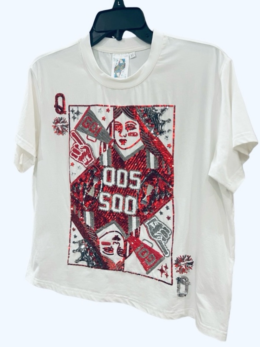 QUEEN OF SPARKLES White Sequin Playing Card Tee with Red and Silver Accents